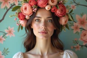 Wandbild Frau mit Blumen auf dem Kopf