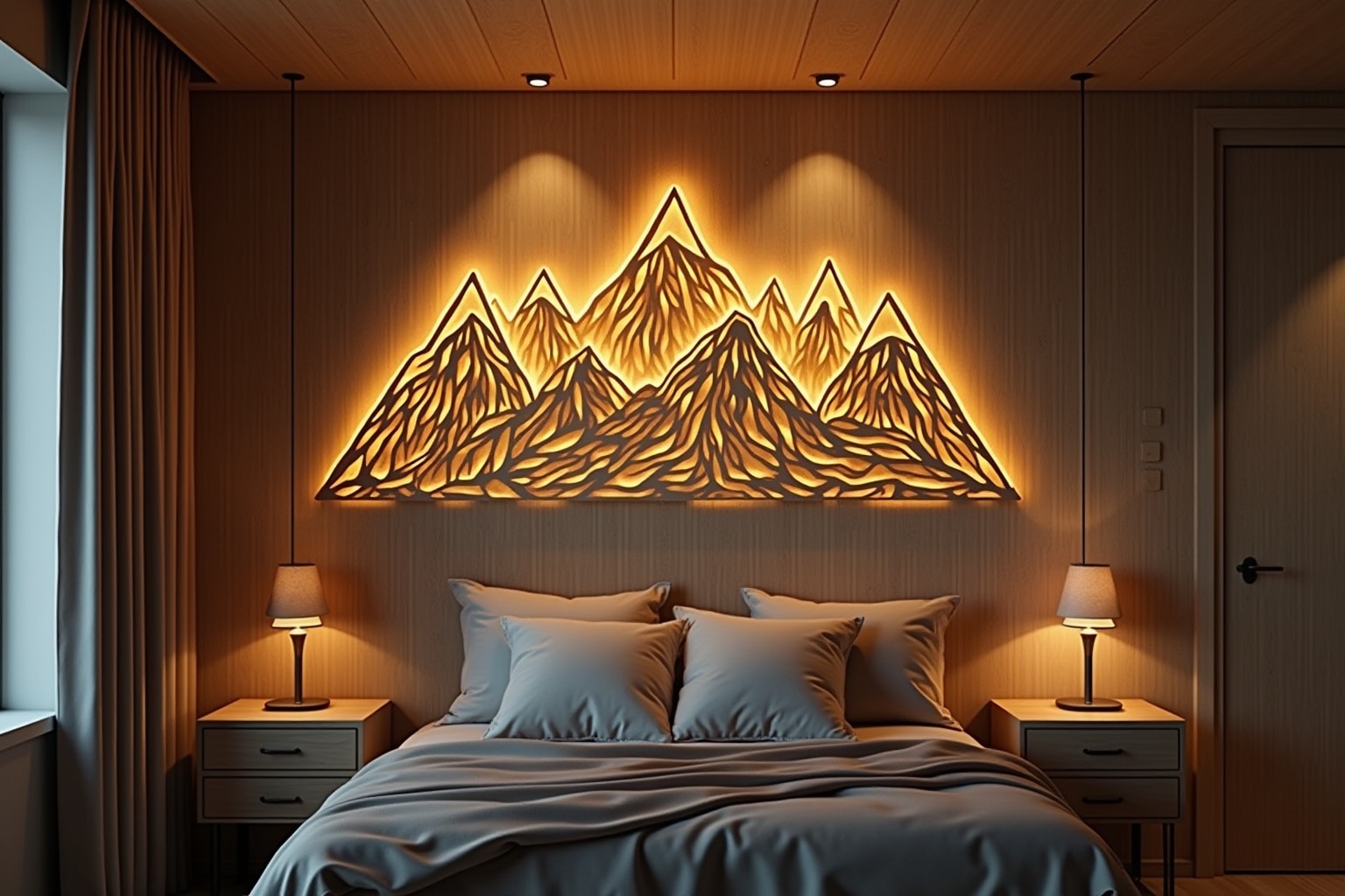 14 Designs Wandbild Berge Holz Beleuchtet