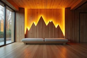 Wandbilder: Berge aus Holz, beleuchtet.